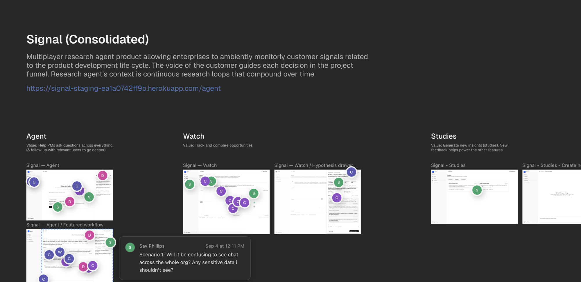 Paper design board consolidating Signal's Agent, Watch, and Studies surfaces, with in-context feedback on the featured workflow